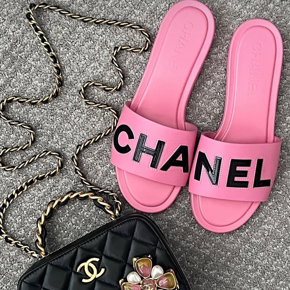 Chanel 23P Pink Mule Slides Lettering Chanel